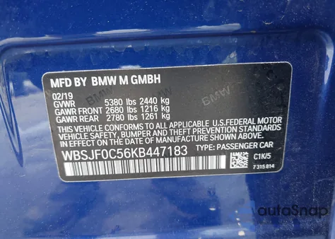 2019 BMW M5 Competition из США, поврежденный, VIN WBSJF0C56KB447183